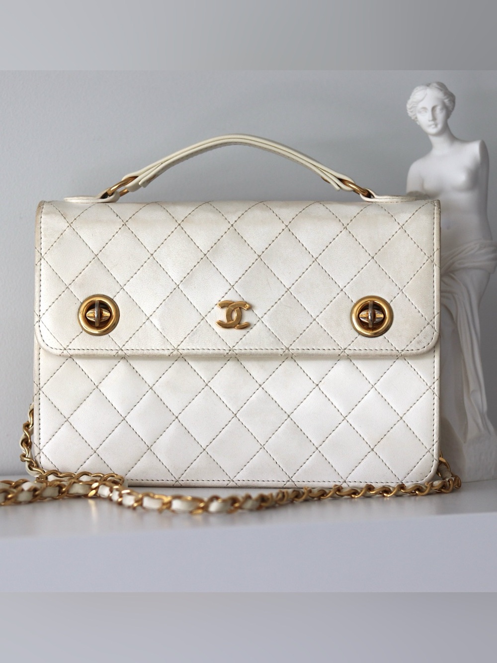 CHANEL Rare Vintage Double CC Turnlock Small Briefcase Quilted Lambskin White
